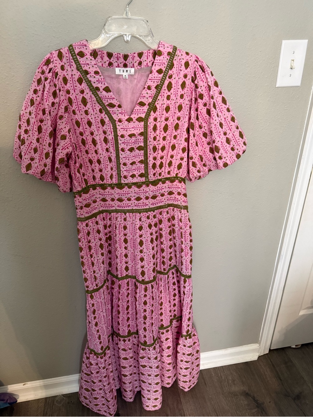 THML Pink Maxi Dress with Olive Accent Trim